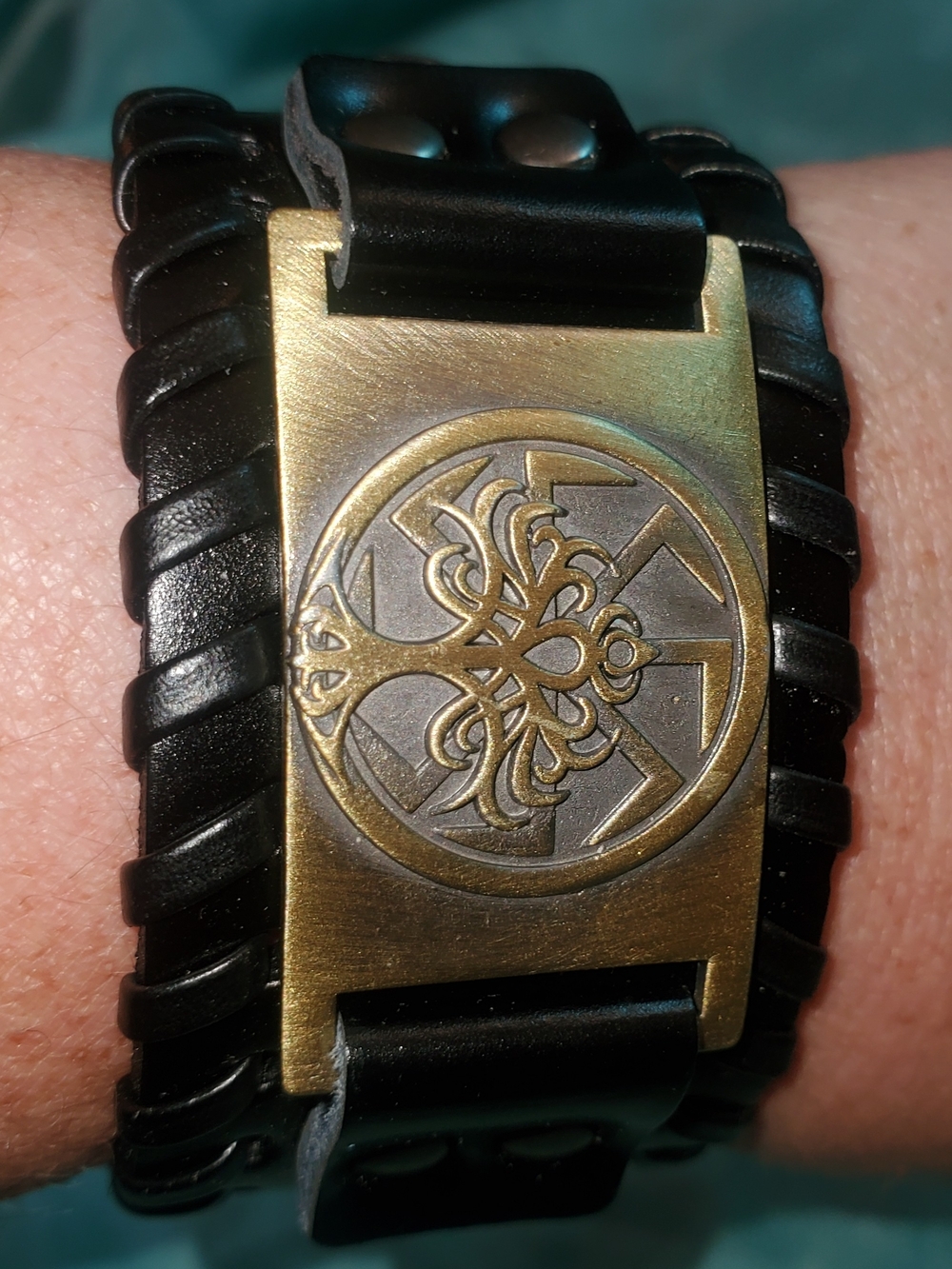 Men's Black Leather Bracelet with Brass Tree Of Life Medallion
